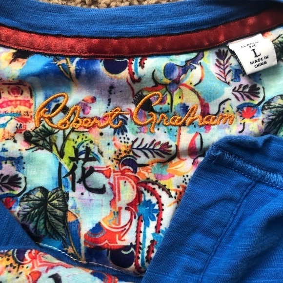 Robert Graham Tee Sz L Classic Fit Split Crew Neck Blue Short Sleeve Cotton - Picture 4 of 6